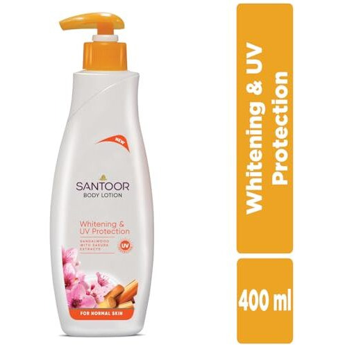 Santoor Perfumed Body Lotion With Sandalwood & Sakura Extracts For Skin Whitening & Uv Protection| Deep Moisturization & Sunburn Reduction| Non-Greasy Lotion For Normal Skin| 400Ml
