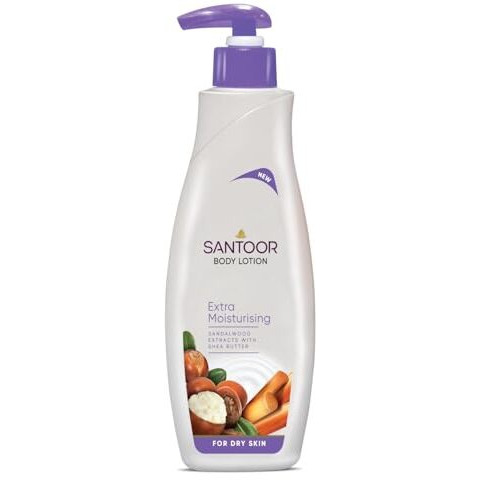 Santoor Perfumed Body Lotion For Extra Moisturising| With Sandalwood Extracts, Shea Butter & Glycerin| For Anti-Aging & Even Skin Tone| Non-Greasy Lotion For Dry Skin| 400Ml