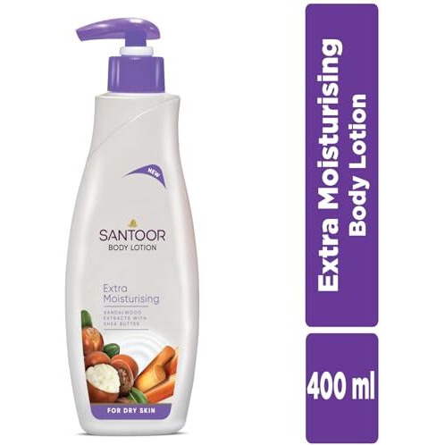 Santoor Perfumed Body Lotion For Extra Moisturising| With Sandalwood Extracts, Shea Butter & Glycerin| For Anti-Aging & Even Skin Tone| Non-Greasy Lotion For Dry Skin| 400Ml