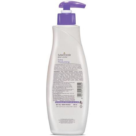 Santoor Perfumed Body Lotion For Extra Moisturising| With Sandalwood Extracts, Shea Butter & Glycerin| For Anti-Aging & Even Skin Tone| Non-Greasy Lotion For Dry Skin| 400Ml