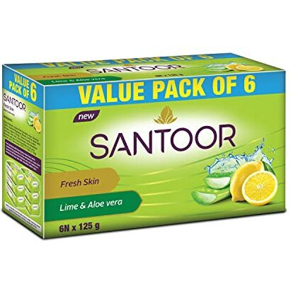 Santoor Fresh Skin Aloe Vera & Lime Bathing Soap With Nourishing & Anti-Aging Properties| For Smooth & Soft And Younger-Looking Skin| For All Skin Types| 125G, Pack Of 6