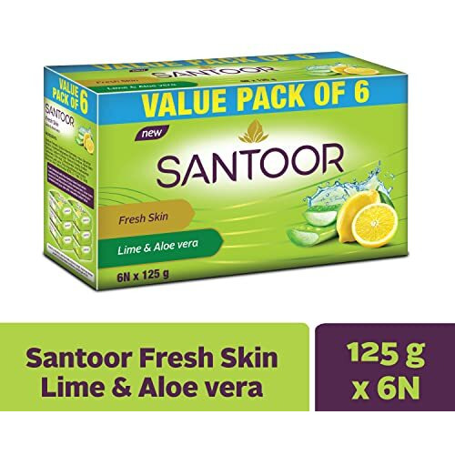 Santoor Fresh Skin Aloe Vera & Lime Bathing Soap With Nourishing & Anti-Aging Properties| For Smooth & Soft And Younger-Looking Skin| For All Skin Types| 125G, Pack Of 6