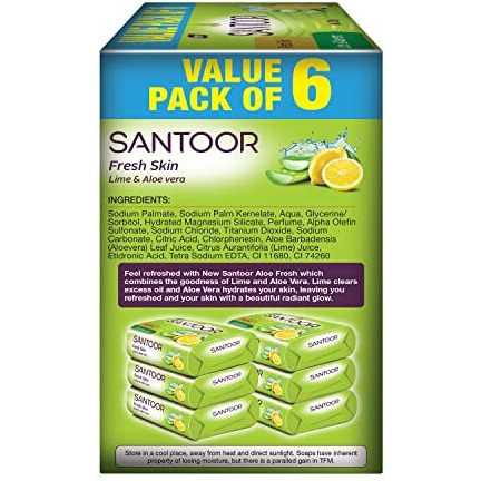 Santoor Fresh Skin Aloe Vera & Lime Bathing Soap With Nourishing & Anti-Aging Properties| For Smooth & Soft And Younger-Looking Skin| For All Skin Types| 125G, Pack Of 6