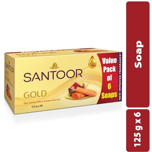Santoor Gold Bathing Bar Soap With Kashmiri Saffron, Sandal & Sakura Extracts For Soft & Younger-Looking Skin| Gentle & Rich Lathering Formula With Refreshing Fragrance| For All Skin Types| 125G, Pack Of 6