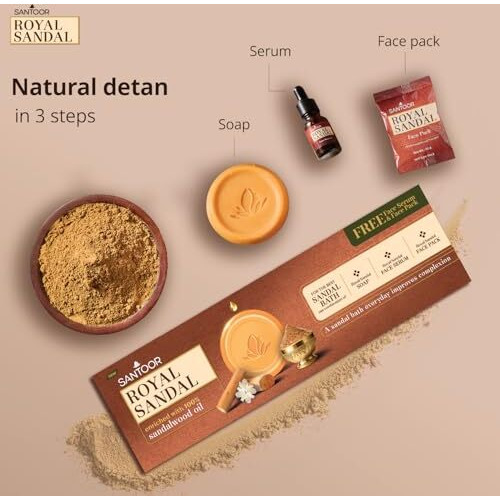 Santoor Royal Sandal Soap, Serum & Face Pack | 100% Sandalwood Oil & Powder | 3-Step Natural Detan | Tan-Free Complexion, Even Skin Tone & Glow | 150G X 3 Soaps + 20G Face Pack + 15Ml Serum