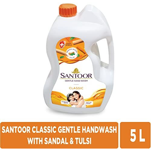 Santoor Classic Gentle Hand Wash 5000Ml With Natural Goodness Of Sandalwood & Tulsi| Rich Lathering Formula With Anti-Bacterial Properties| Soft On Hands| Soothes & Hydrates Skin