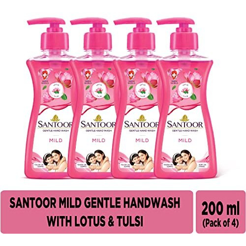 Santoor Mild Gentle Hand Wash 200Ml, Pack Of 4 With Goodness Of Lotus & Tulsi| Rich Lathering Formula With Anti-Bacterial Properties| Soft On Hands| Soothes & Hydrates Skin