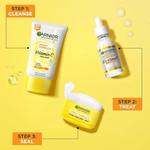 Garnier Bright Complete Vitamin C Brightening Regime Kit For Skincare | Cleanse, Treat And Seal | Reduces Dark Spots, Face Wash + Serum + Spf 40 Serum Cream, For All Skin Types, For Men And Women