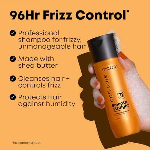 Matrix Opti.Care Smooth Straight Professional Shampoo For Frizzy, Unmanageable Hair | 96Hr Frizz Control* | Used By 1 Lakh Hairstylists* | With Shea Butter, 200Ml