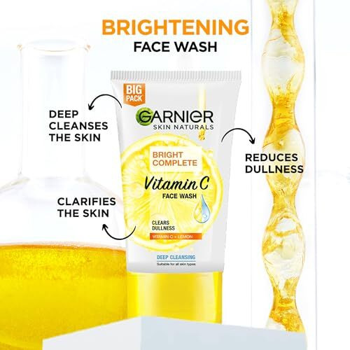 Garnier Skin Naturals Bright Complete Vitamin C Face Wash - Vitamin C Face Wash For Brighter And Glowing Skin - Daily Cleanser Suitable For All Skin Types, 150G
