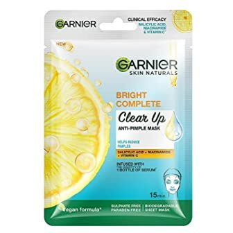 Garnier Bright Complete Anti Pimple Sheet Mask -Infused With Power Of 3 Serums, Salicylic Acid, Niacinamide And Vitamin C Serum,Face Sheet Mask For Clear, Hydrated And Glowing Skin, For All Skin Types