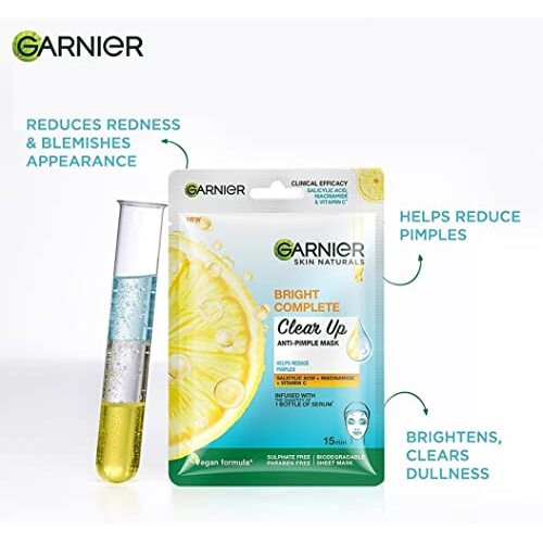 Garnier Bright Complete Anti Pimple Sheet Mask -Infused With Power Of 3 Serums, Salicylic Acid, Niacinamide And Vitamin C Serum,Face Sheet Mask For Clear, Hydrated And Glowing Skin, For All Skin Types