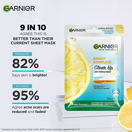 Garnier Bright Complete Anti Pimple Sheet Mask -Infused With Power Of 3 Serums, Salicylic Acid, Niacinamide And Vitamin C Serum,Face Sheet Mask For Clear, Hydrated And Glowing Skin, For All Skin Types