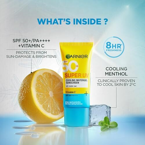 Garnier Super Uv Cooling Watergel Sunscreen Spf 50 Pa++++ | Instant Cooling & 8-Hr Freshness |Lightweight Gel |No White Cast |Suitable For Oily Dry Sensitive & Combination Skin | For Men & Women,60Ml