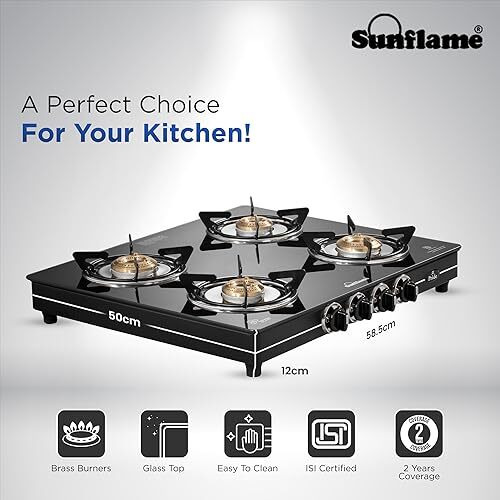 Sunflame Pride 4 Burner Gas Stove | 2 Medium And 2 Small Brass Burners | 2-Years Product Coverage By Sunflame | Ergonomic Knobs | Easy To Maintain L Toughened Glass Top | Pan India Presence| Black