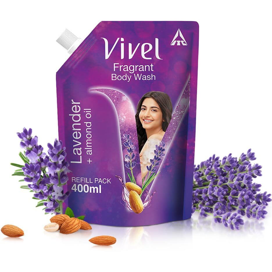 Vivel Fragrant Body Wash, Lavender & Almond Oil Shower Gel, 400 Ml Supersaver Refill Pouch, Moisturizing Bodywash, Soft & Smooth Skin, Effective Cleansing, For Women & Men