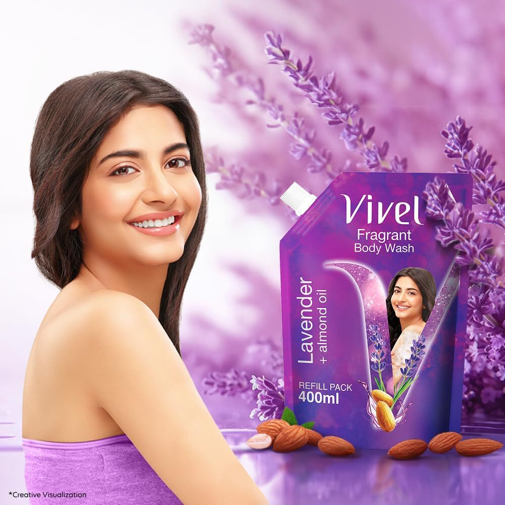 Vivel Fragrant Body Wash, Lavender & Almond Oil Shower Gel, 400 Ml Supersaver Refill Pouch, Moisturizing Bodywash, Soft & Smooth Skin, Effective Cleansing, For Women & Men