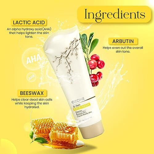 Ozone D-Tan Face Wash | Enriched With Arbutin, Bees Wax & Lactic Acid | Detan Face Wash For Men & Women | All Skin Types, Tan Removal, Deep Cleansing & Healthy Skin | 100Ml