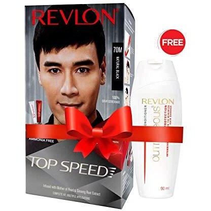 Revlon Top Speed Hair Color For Men Natural Black With Outrageous Conditioner 190Ml | 100% Grey Coverage In 5 Minutes | Prevent Fading, Add Volume, Softness & Shine To Hair