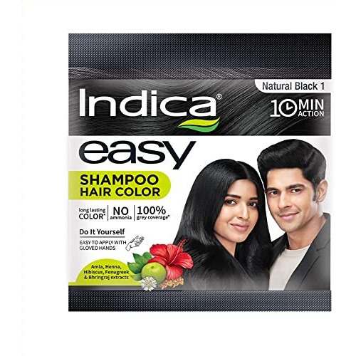 Indica Easy Do-It-Yourself 10 Minutes Hair Color Shampoo With 5 Herbal Extracts And 100% Ammonia Free, Long Lasting Formula, (12.5G + 12.5Ml) - Natural Black Colour (Gloves Included)