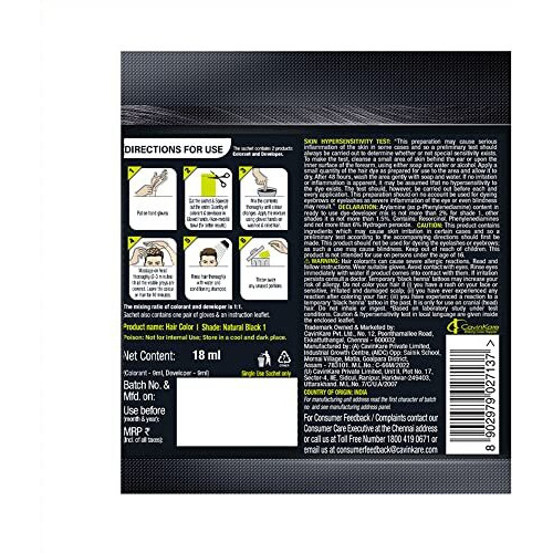 Indica Easy Do-It-Yourself 10 Minutes Hair Color Shampoo With 5 Herbal Extracts And 100% Ammonia Free, Long Lasting Formula, (12.5G + 12.5Ml) - Natural Black Colour (Gloves Included)