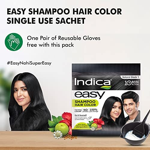 Indica Easy Do-It-Yourself 10 Minutes Hair Color Shampoo With 5 Herbal Extracts And 100% Ammonia Free, Long Lasting Formula, (12.5G + 12.5Ml) - Natural Black Colour (Gloves Included)