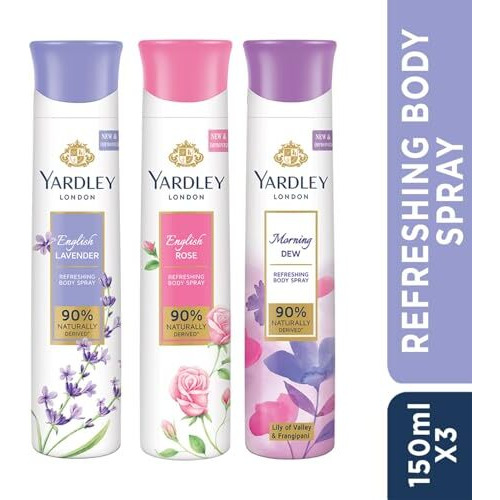 Yardley London Refreshing Deo Body Spray Tripack (English Lavender + English Rose + Morning Dew) For Women, 150Ml Each (Pack Of 3)