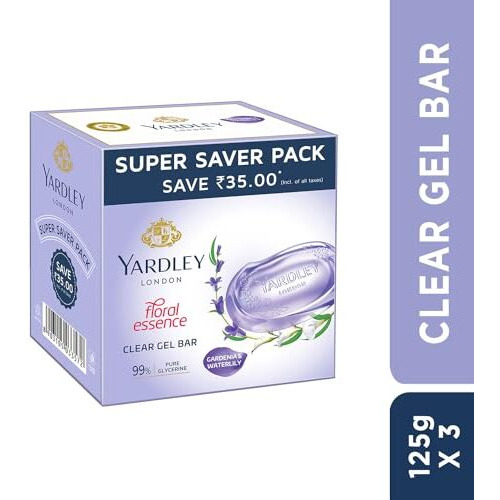Yardley London Clear Gel Bar Gardenia And Waterlily - With 99% Pure Glycerin And Natural Floral Oils - 125Gx3