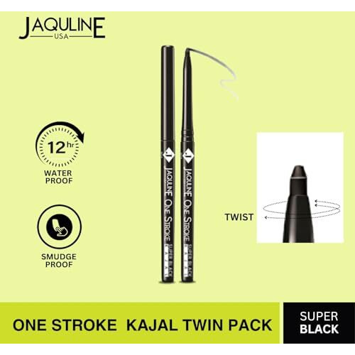 Jaquline Usa Onestroke Super Black Kajal Twin Pack, Smudge Proof, Water Proof, Black, Matte Finish (Pack Of 2)