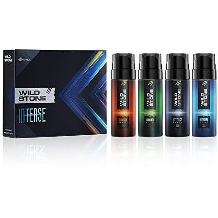 Wild Stone Intense No Gas Spray Deodorant Travel Pack Gift Set For Men - Black, Ocean, Trance And Woods Mini Deodorants, Pack Of 4 (40Ml Each)