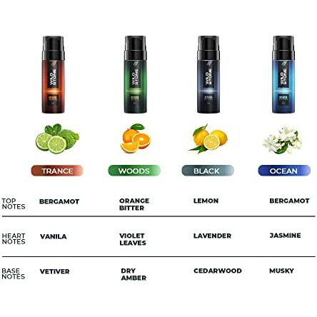 Wild Stone Intense No Gas Spray Deodorant Travel Pack Gift Set For Men - Black, Ocean, Trance And Woods Mini Deodorants, Pack Of 4 (40Ml Each)