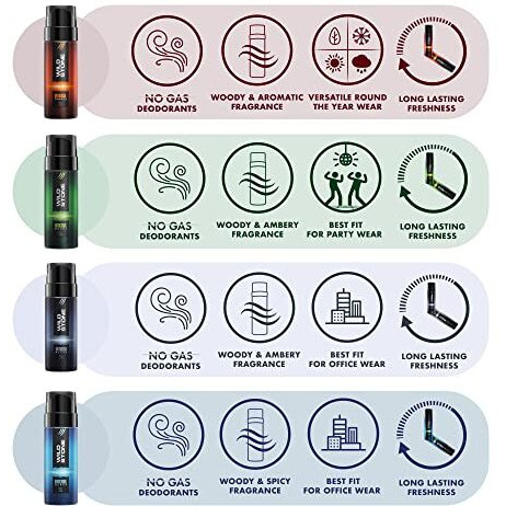 Wild Stone Intense No Gas Spray Deodorant Travel Pack Gift Set For Men - Black, Ocean, Trance And Woods Mini Deodorants, Pack Of 4 (40Ml Each)