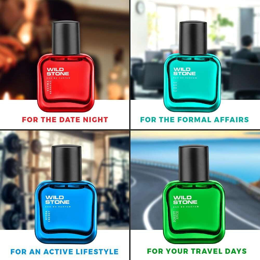 Wild Stone Eau De Parfum Gift Set For Men, Pack Of 4 (4X30Ml) | Premium Fragrance Gift Set | Edge,Ultra Sensual, Hydra Energy & Forest Spice Luxury Perfume Gift Set