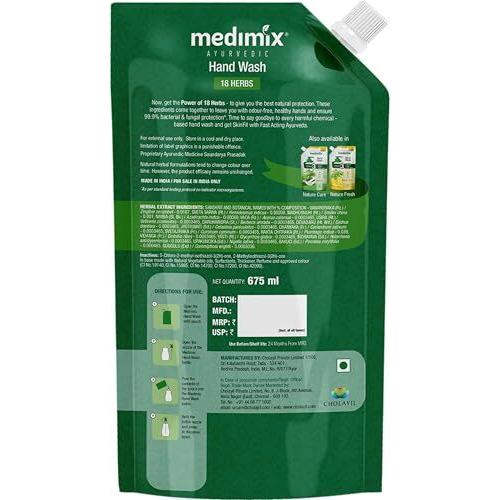 Medimix Ayurvedic 18 Herbs Hand Wash Refill For Soft & Odour-Free Hands 675Ml | 99.9% Germ Protection | Shop Herbal | Natural | Soap-Free | 100% Vegan