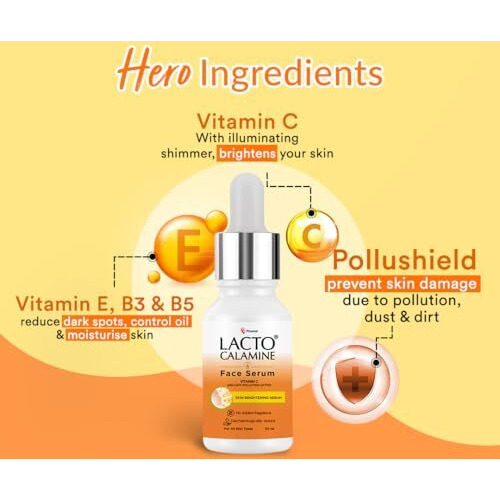 Lacto Calamine Vitamin C Face Serum With 98% Pure Vitamin C Complex | 30Ml | Glowing Skin With Niacinamide | Vitamin C Serum For Dark Spots Reduction & Moisturization | Pollushield, Vitamin E, B3 & B5
