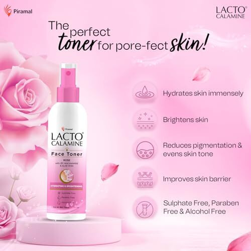 Lacto Calamine Rose Water Toner For Glowing Skin | 120Ml | Gulab Jal Face Toner | Rosewater With Aloe Vera & 2% Niacinamide | Cleanses, Hydrates & Moisturises Skin | No Sulphate, Alcohol, & Parabens