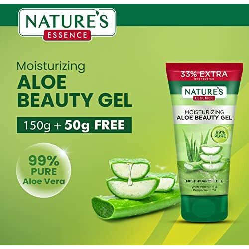 Nature's Essence Moisturising Aloe Beauty Gel With Vitamin E And Peppermint Oil | Multipurpose Gel | 99% Pure Aloe Vera Extracts | For All Skin Types, 150+50G