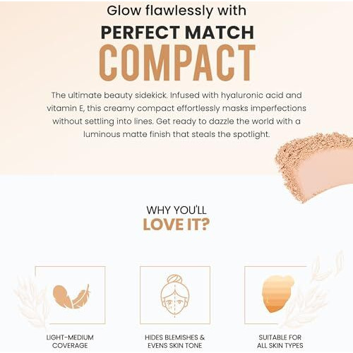 Colorbar Perfect Match Parfait Marier Compact, Nude Beige, 9G | Lightweight And Silky Texture | Enriched With Hyaluronic Acid And Vitamin E