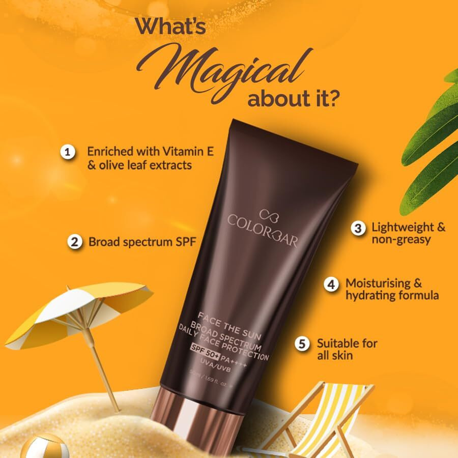 Colorbar Face The Sun Broad Spectrum Daily Face Protector, 50 Ml | Enriched With Olive Leaf Extract And Vitamin E | 100% Vegan, Paraben Free And Cruelty Free