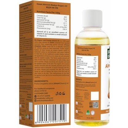 Indus Valley Bio Organic Cold Pressed Almond Oil For Soft & Shiny Hair, Glowing Skin, Hair Damage Protection, Pure Roghan Badam Oil(Tail) For Baby Massage - 100Ml