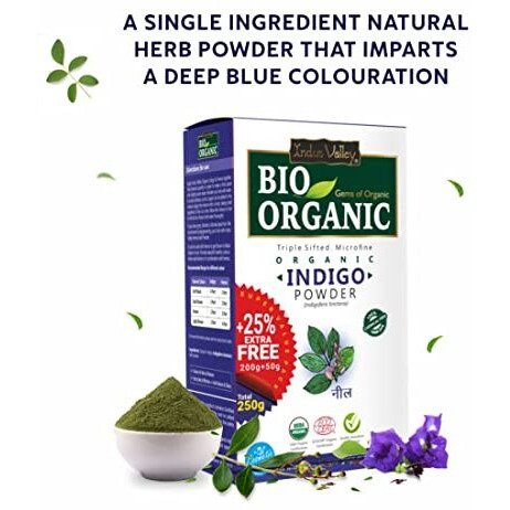 Indus Valley Bio Organic 100% Organic And Herbal Indigo Powder, For Natural Hair Coloring, Arrests Early Greying & Protects Hair From Damage - (200G+50G)