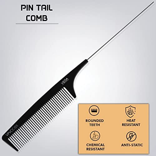 Vega Professional Pin Tail Comb (Carbon Anti-Static Black Line Hair Comb), (Vpvcc-05)