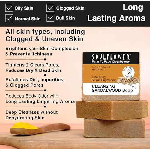 Soulflower Cleansing Sandalwood Soap | Luxury Bathing Soap, Smooth Glowing Skin, Dark Spots, Acne | Sandalwood, Turmeric, Ashwagandha, Vitamin E | Organic, & Handmade, 150G