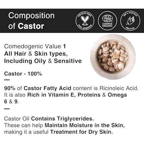 Soulflower Castor Hair Oil | 100% Natural Cold Pressed Oil | Clinically Proven For Hair Growth, Hair Fall Control, Skin Hydration & Split End Repair | 100% Pure, Ecocert Organic Certified, Natural, 120Ml
