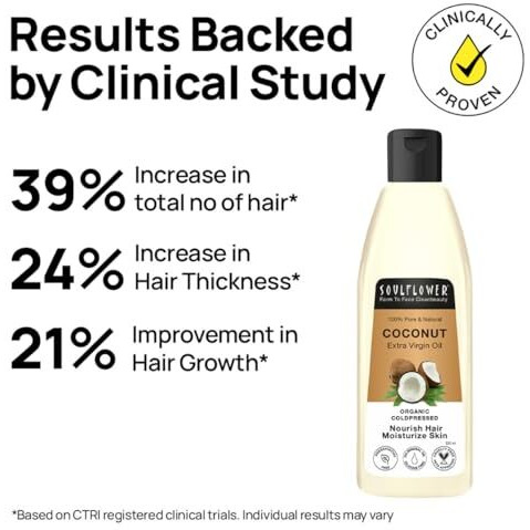 Soulflower Extra Virgin Coconut Oil | Clinically Proven For Hair Growth, Moisturizer, Damage Repair, Frizz Control, Body Massage | 100% Pure, Ecocert Organic Certified, No Mineral Oil, 225Ml