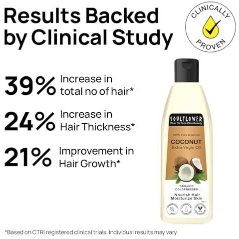 Soulflower Extra Virgin Coconut Oil | Clinically Proven For Hair Growth, Moisturizer, Damage Repair, Anti-Frizz, Baby & Body Massage | 100% Pure, Ecocert Organic Certified, No Mineral Oil, 120Ml
