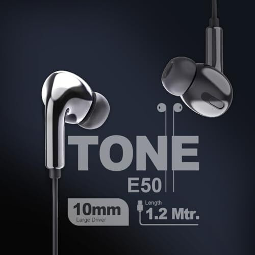 Flix(Beetel) Tone E50 In Ear 1.2 Meter Wired Headphones With Mic, Type C Jack, 10Mm Large Driver With Super Bass, Volume Controls With Multi Function Button (Black E50)