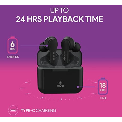 Amkette Amp Airbudz X25 Bluetooth Truly Wireless In Ear Earbuds With Mic, Amp Quick Sync Tech, And Up To 24 Hrs Playback Time (Black)