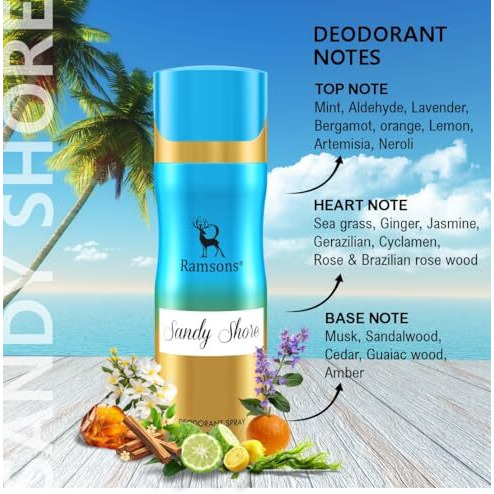 Ramsons - Sandy Shore Deodorant Spray | 200 Ml | Body Perfume For Women | Tn - Mint, Lavender, Bergamot, Mandarin Orange, Lemon | Mn - Sea Grass, Ginger, Jasmine, Rose | Bn - Musk, Sandalwood, Cedar