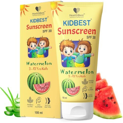 Healthbest Kids Watermelon Cooling Sunscreen Spf 30, Pa+++, 100 Ml - Vegan, Boosts Vitamin D Absorption, Prevents Tanning, Hydrates All Skin Types